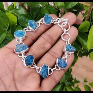 Raw Apatite 925 Sterling <b>Silver</b> Bracelet Boho Gemstone <b>Chain</b> Handmade Healing Jewelry Gift Women Men - Product Image 1