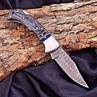 Couteau pliant à motif échelle en acier de Damas, à verrouillage arrière, manche en bois Pakka, étui, couteau de poche EDC pour camping, OEM, vente chaude