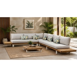 Contemporary <b>Outdoor</b> Teak Wood <b>Garden</b> Sofa Set with Aluminum Frame and Gray <b>Cushions</b> for Patio Use - Product Image 6
