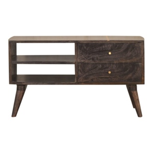 Mueble para TV de Madera Estilo Moderno de Mediados de Siglo con Estantes Abiertos y Dos Cajones - Product Image 2