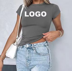 T-shirt tendance pour femmes à manches courtes, col rond, vêtements décontractés, couleur unie, impression numérique estivale - Product Image 5