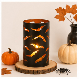 Wholesale Halloween Spooky Bats Metal Hurricane Candle Holder Black Iron Pillar Candle <b>Lantern</b> with Bat Cutout for Home Party - Product Image 4