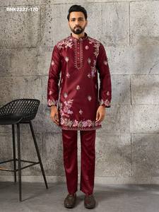 Kurta y Pantalón para Hombre de Alta Calidad Japonesa con Bordado Floral Multihilo y Secuencial, de Longitud Media y Manga Larga - Proveedor Indio - Product Image 2