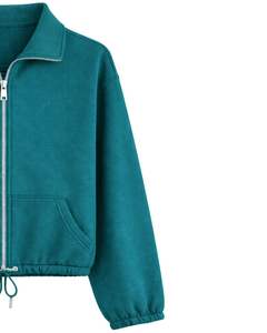 Sudadera corta de forro polar rojo brillante con cremallera completa para mujer, cuello polo, bolsillos delanteros, dobladillo con cordón ajustable, estilo casual y cálido para la calle - Product Image 3