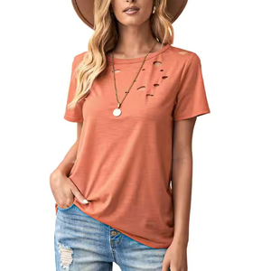Summer Vintage <b>Distressed</b> Acid Washed Crop <b>Top</b> Tee Shirt for Women Whole Sale Custom O-Neck T Shirt for Female - Product Image 1