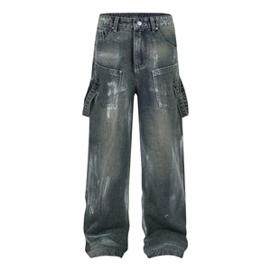 Pantalones Cargo de Mezclilla Desgastados de Cintura Alta para Hombre, Estilo Utilitario, Corte Holgado, Jeans de Algodón de Peso Medio, Ropa de Otoño - Product Image 1