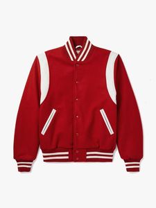 Veste universitaire rouge pour homme avec empiècements blancs, col rabattu, fermeture boutonnée, style preppy, vêtement d'automne - Product Image 1