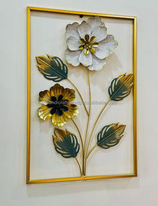 Ensemble de 3 pièces d'art mural en métal encadré or, sculpture murale suspendue avec fleurs et feuilles bleu sarcelle, plaque décorative pour fond de salon - Product Image 6
