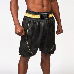 Shorts de boxe en satin noir rayé de qualité supérieure - Ceinture élastique dorée - Shorts d'entraînement professionnels pour Muay Thai et Kickboxing - Product Image 1
