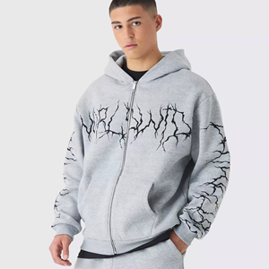 Conjunto Deportivo Oversize para Hombre, Sudadera con Cremallera y Pantalones Deportivos en Gris Jaspeado, con Logotipo Personalizado - Product Image 3