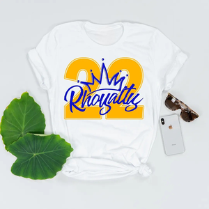 T-shirt Rhoyalty '22, couleur blanche, avec lettres grecques personnalisées imprimées, manches courtes, col rond, décontracté, mode d'été pour sororité - Product Image 1