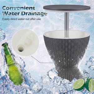 Tavolino da esterno grigio con contenitore per ghiaccio da 8 galloni, effetto rattan, 2 altezze regolabili, con tappo di scarico - Product Image 6