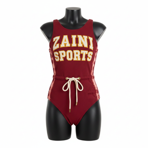 Maillot de bain une pièce pour femme en polyester et élasthanne de haute qualité, rouge, crème, or, avec logo personnalisé par transfert thermique. - Product Image 6