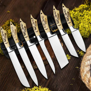 7 Pcs Kitchen <b>Knives</b> <b>Set</b> Stainless Steel Blade Bone Handle Vintage Style Leather Sheath Ambidextrous High Polish Finish OEM ODM - Product Image 1