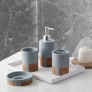 Rustic Wood & <b>Grey</b> Resin <b>Bathroom</b> Collection Four-Piece Round Minimalist Design With Cork Base For Modern <b>Bathroom</b> Decor Set - Product Image 1