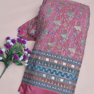 Coral Crepe <b>Floral</b> Embroidery Fabric Lightweight Woven 54 Inch Border Work Material <b>for</b> Women's Kurti Tunics Anarkali Gowns <b>Suit</b> - Product Image 3