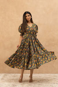 Vestido Midi con Estampado Floral, Cuello en V, Mangas Abullonadas, Estilo Boho, Corte en A, Holgado, Tejido de Viscosa, Vestido Casual de Primavera, Transpirable y Cómodo - Product Image 4