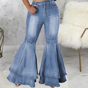 Women's Vintage Baggy Flare <b>Jeans</b> Mid <b>Waist</b> Full Length Casual Cotton Pants Breathable OEM Wholesale - Product Image 4