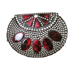 Folk Art Metal Clutch <b>Bag</b> With Gold Plated <b>Studs</b> And Blue Enamel Tiles Irregular Shape Craft - Product Image 4