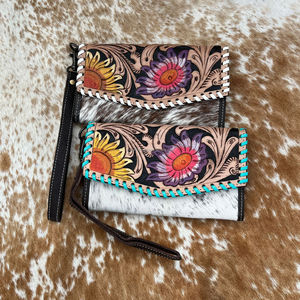 กระเป๋าคลัทช์ผู้หญิงสำหรับงานแกะสลักด้วยมือลายดอกทานตะวันหนังวัวสไตล์ตะวันตกดีไซน์ใหม่ - Product Image 3