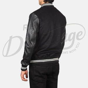 Chaqueta Bomber Varsity de Gamuza Negra para Hombre con Mangas de Cuero Genuino, Puños Acanalados a Rayas, Estilo Clásico Letterman de Béisbol - Product Image 2