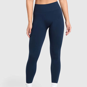 Leggings de yoga taille haute pleine longueur bleu marine uni, sans couture, avec taille élastique, en Spandex et Nylon pour femme - Product Image 1