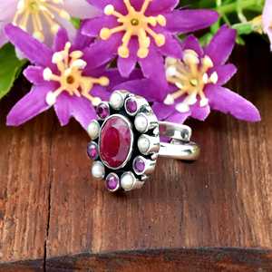 Bague en argent sterling 925 avec rubis vintage naturel et perles, design floral en grappe, style bohème, bijou fin - Product Image 4