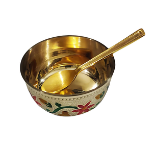 Ensemble de bol et cuillère de service en laiton doré de luxe, fait main - Design floral coloré, passe au lave-vaisselle, vaisselle durable pour la décoration de la maison - Product Image 1