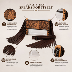 Western Tooled Leather Fringe <b>Clear</b> PVC Shoulder <b>Bag</b> with Horse Design Adjustable Crossbody Strap Handmade Cowboy Western Purse - Product Image 5