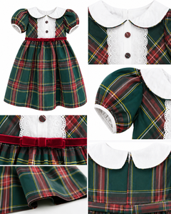 Vestido clásico a cuadros para niñas con cuello Peter Pan y ribete de encaje |   Elegante Vestido para Fiesta Navideña - Product Image 3
