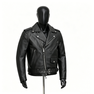 Custom Logo Embroidered Vintage Men Black Genuine Cowhide <b>Leather</b> Motorcycle <b>Jacket</b> Classic <b>Retro</b> Durable Asymmetrical Belt - Product Image 1