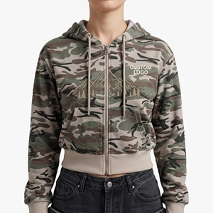 <b>Womens</b> <b>Camo</b> Cropped Zip Hoodie Custom Logo Mountain Print Fleece Casual Streetwear Outdoor Fashion Sweatshirt Jacket <b>Coat</b> - Product Image 1