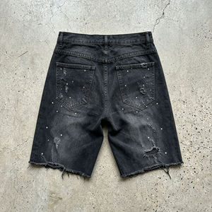 Pantalones Cortos de Mezclilla para Hombre, Lavado Claro, Desgastados, Cintura Media, Pierna Recta, Casuales, de Verano, Ecológicos, de Algodón Negro - Product Image 2