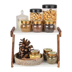 Modern Wooden Double Tier Foldable <b>Storage</b> Shelf Organizer White Cabinet Rack <b>Jar</b> Holder <b>for</b> <b>Kitchen</b> Counter Spice Display - Product Image 3