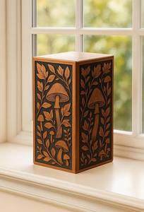 Handcrafted <b>Wooden</b> Cremation <b>Urn</b> with Mushroom & Leaf Engraving Nature-Inspired Memorial <b>Urn</b> <b>for</b> <b>Ashes</b> - Product Image 2