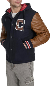 Chaqueta Varsity Azul Marino para Hombre con Mangas de Cuero Marrón, Cierre de Botones con Capucha, Letra C Bordada, Estilo Preppy de Invierno - Product Image 4