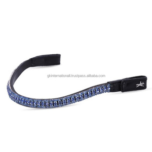 Diadema de cuero negro inglés con cristales de zafiro azul, diamantes y adornos brillantes, con logotipo personalizado, para caballo. - Product Image 4