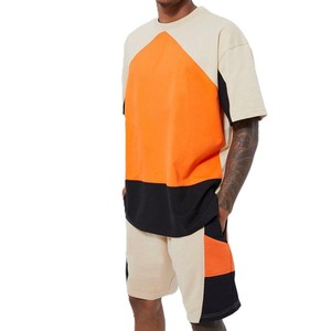 Ensemble deux pièces pour hommes, orange et beige, t-shirt à manches courtes et short, style décontracté, streetwear d'été - Product Image 3