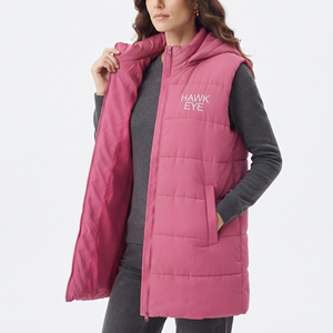 Gilet matelassé oversize pour femme, sans manches, à capuche, zippé, chaud, avec poches, pour l'hiver, vente en gros, extérieur - Product Image 3