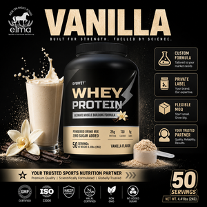 Concentrado de Proteína de Suero de Leche Elma Food, 1 kg, Sabor Vainilla, Sin Azúcar Añadido, 50 Porciones, Marca Privada OEM, Halal, GMP, HACCP, para Desarrollo Muscular - Product Image 1