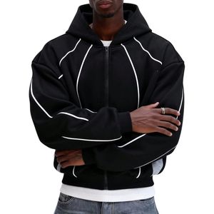 Sudadera con capucha de invierno para hombre OEM, de algodón grueso de 280 gramos, antiarrugas, lisa, con cremallera, estilo urbano, personalizada, oversize, con contraste. - Product Image 6