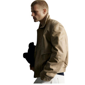 Men's Tan Brown Genuine <b>Suede</b> <b>Leather</b> Bomber <b>Jacket</b> Shirt Collar Zip Front Ribbed Hem Relaxed Fit Premium Custom Streetwear Oute - Product Image 5