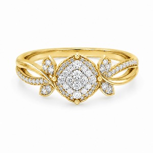 Anillo de Lujo Unisex de Oro Amarillo de 18K con Diamantes Cultivados en Laboratorio, Diseño de Halo Cuadrado con Pétalos y Hojas - Product Image 6