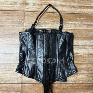 Corsé de cuero negro de talla grande para mujer, estilo halter con cierre de hebilla frontal, top gótico para discoteca - Product Image 3