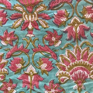 Tissu en coton imprimé à la main – Imprimé floral jaal rose sur fond vert sarcelle, textile indien traditionnel - Product Image 1