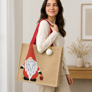 Sac fourre-tout de Noël en jute laminé avec imprimé Père Noël, pompon suspendu, 35,5x31,5x14,5 cm, poignée en coton rouge, logo personnalisé, vente en gros - Product Image 5