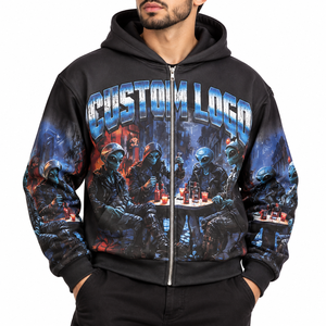Sweat-shirt noir épais à fermeture éclair intégrale avec impression par sublimation, style oversize et coupe carrée, personnalisable, pour homme, style gothique, unisexe - Product Image 1