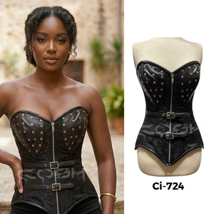 Premium Quality Steampunk Black Brocade <b>Corset</b> With Studded Leather Cups, Adjustable Waist Buckles And Pointed Hem Design - Product Image 5