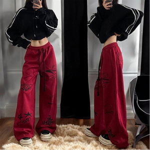 Pantalon large rouge pour homme, style streetwear, brodé, avec cordon de serrage, taille élastique, en polyester tricoté, décontracté, pour l'automne - Product Image 5