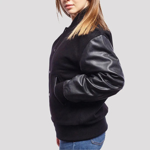 Women’s Custom Varsity Jacket With Leather Sleeves Classic Letterman Bomber Jacket Snap <b>Button</b> Closure Ribbed Collar & Cuffs - Product Image 3